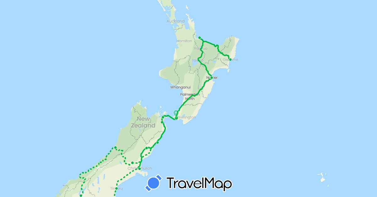 TravelMap itinerary: bus, plane in New Zealand (Oceania)
